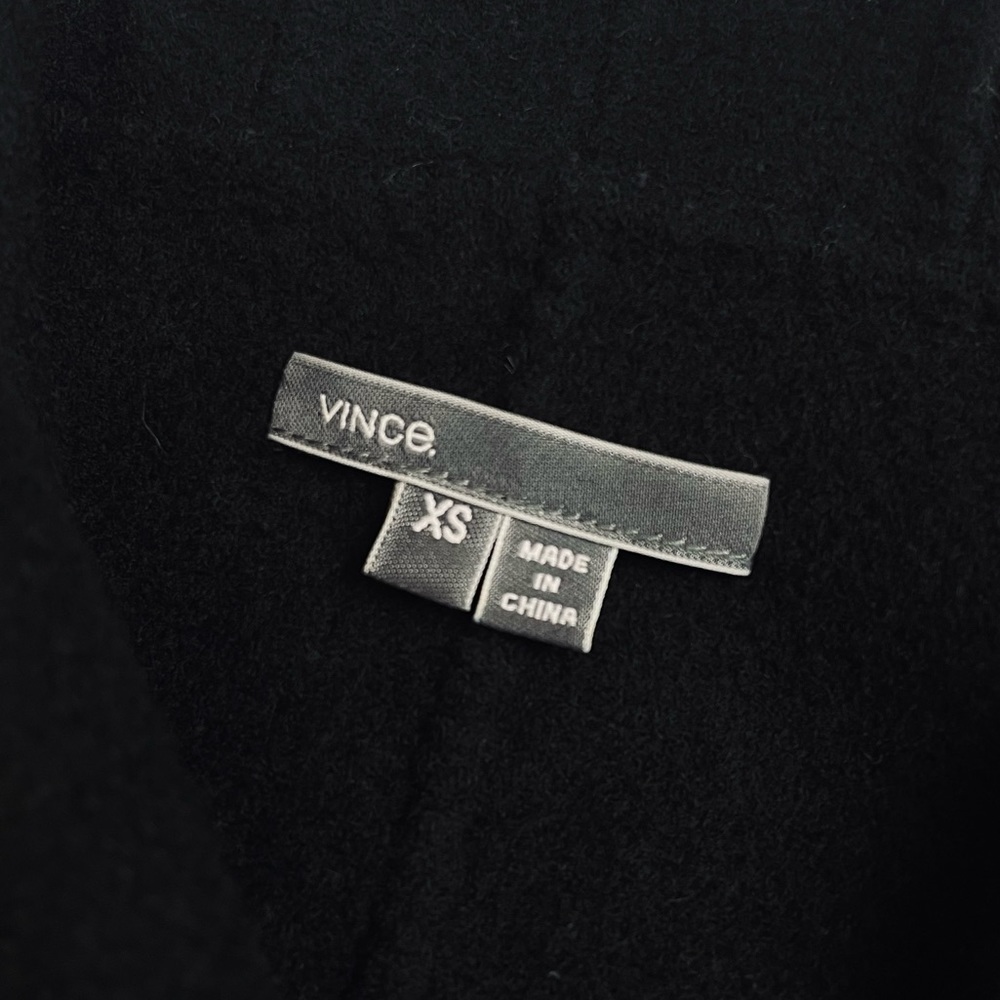 VINCE • Black Leather-Sleeve Shawl Collar Wool Trench Coat, XS - Picture 11 of 15
